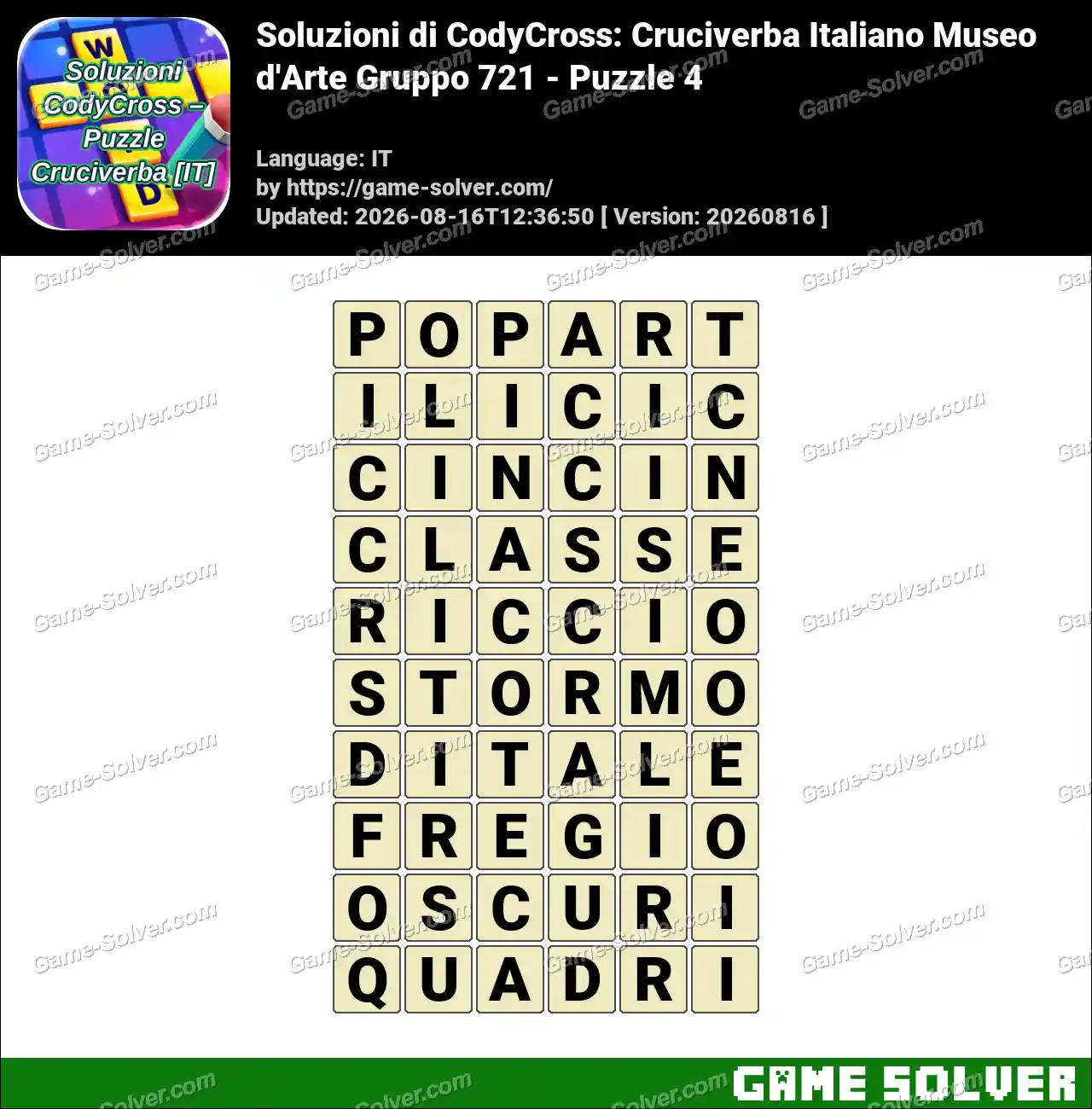 Soluzioni di CodyCross: Cruciverba Italiano Museo d’Arte Gruppo 721 – Puzzle 4
